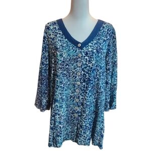 Blue Sky Navy and White Floral Button-Front V-Neck Blouse